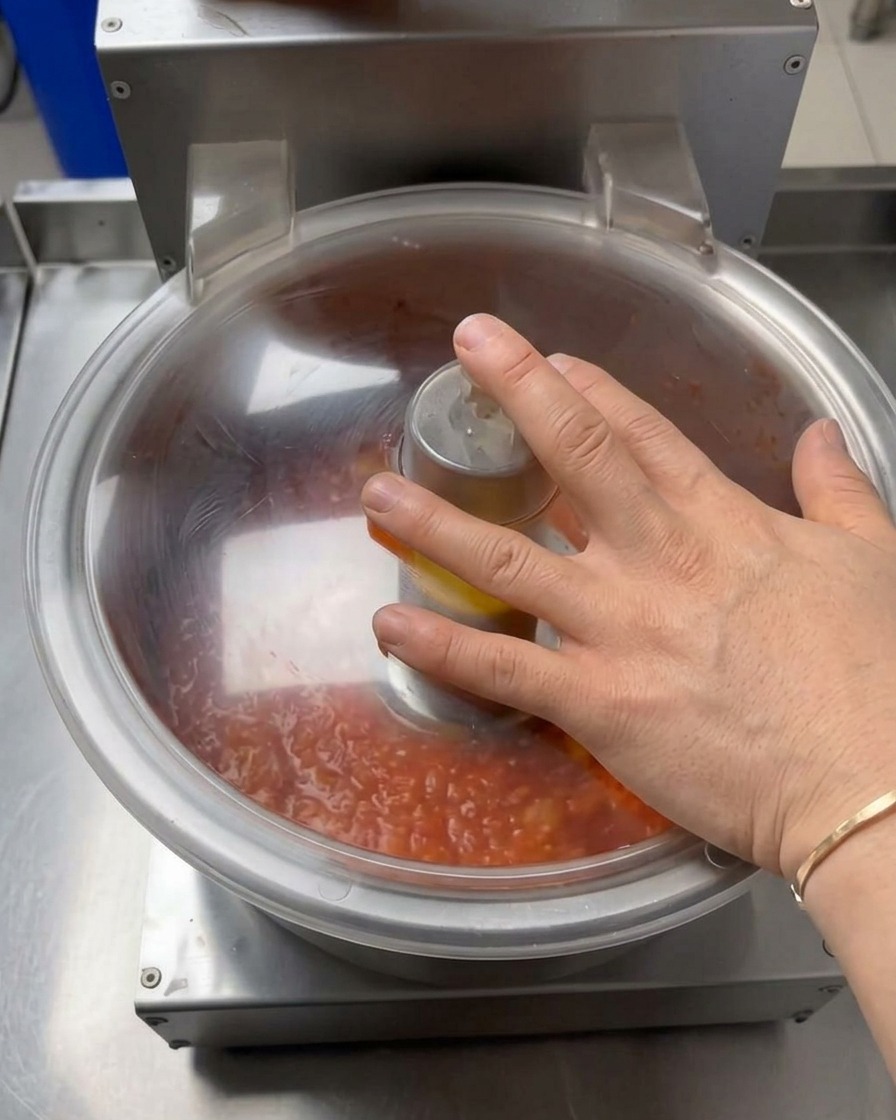 Eine Hand drückt auf den Deckel einer Küchenmaschine, während frische Tomaten zu einer roten Sauce püriert werden.