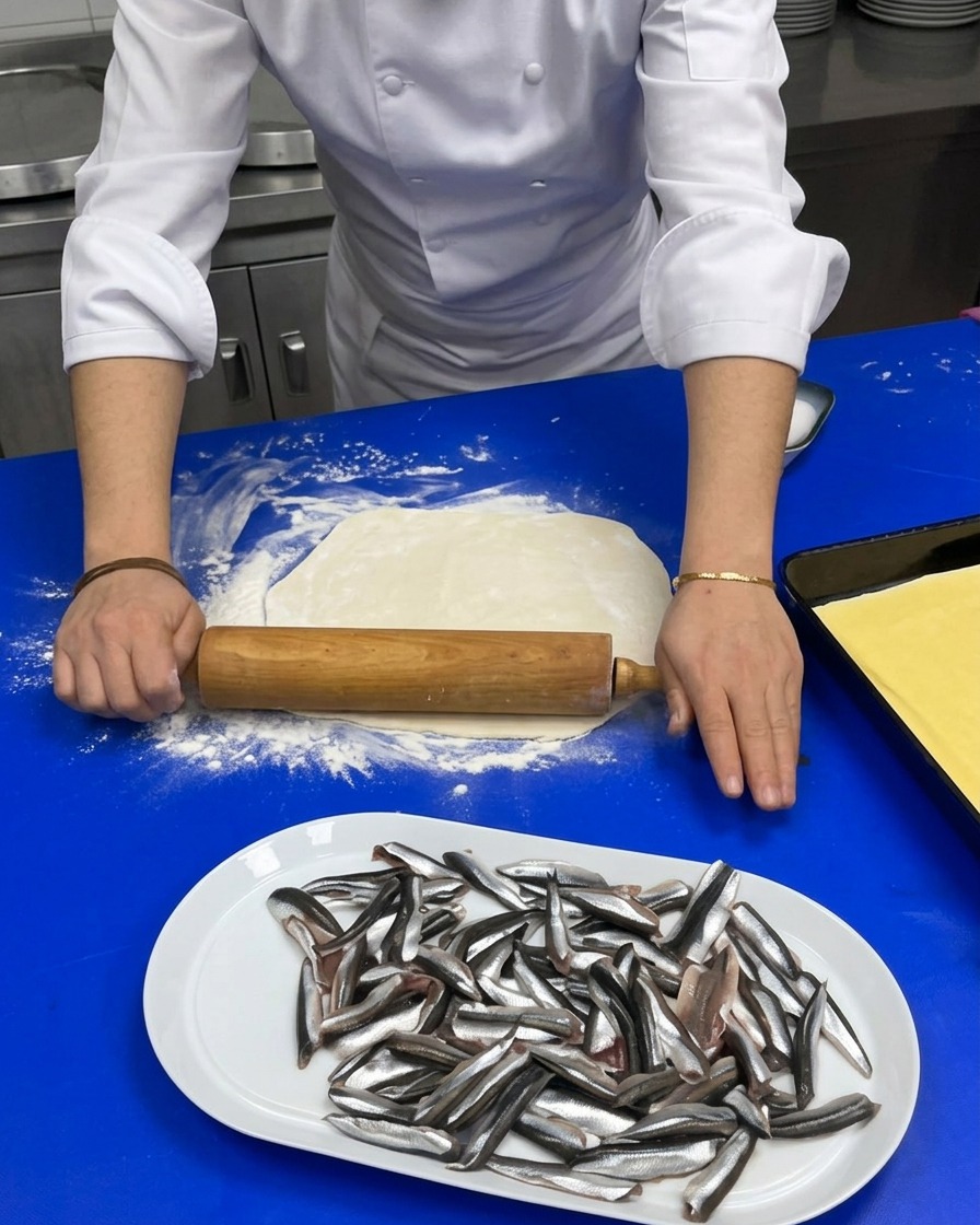 Hände benutzen ein Nudelholz, um einen runden Pizzateig auf einer bemehlten Arbeitsfläche flach zu rollen.