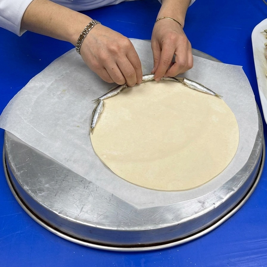 Ein Koch legt kleine, mehlierte Sardellen in einem Kreis direkt am Rand des rohen Pizzateigs aus.