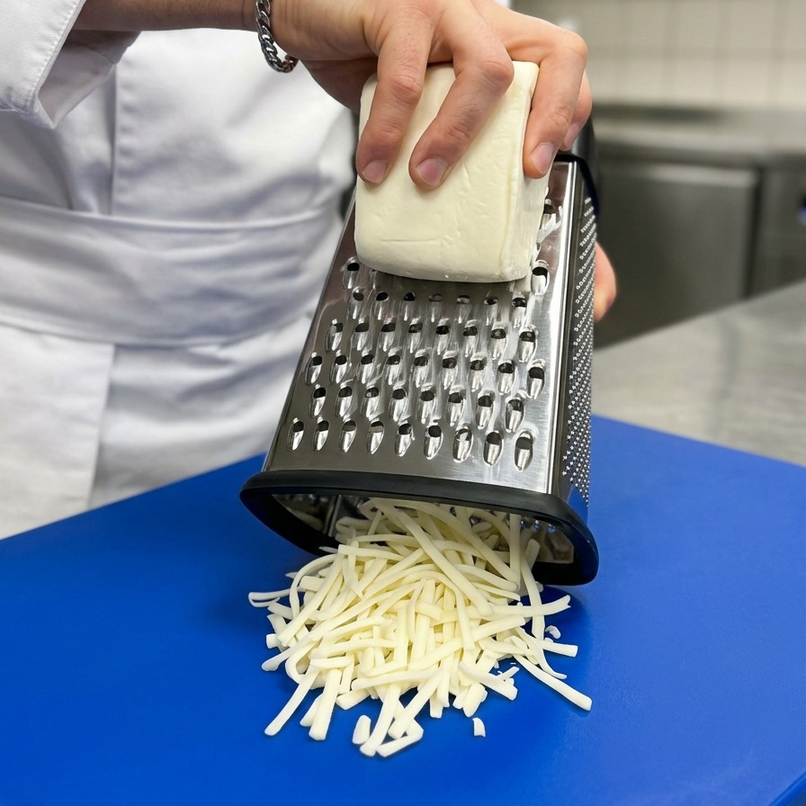 Ein Koch reibt einen Block weißen Käse mit einer Vierkantreibe auf ein blaues Schneidebrett.