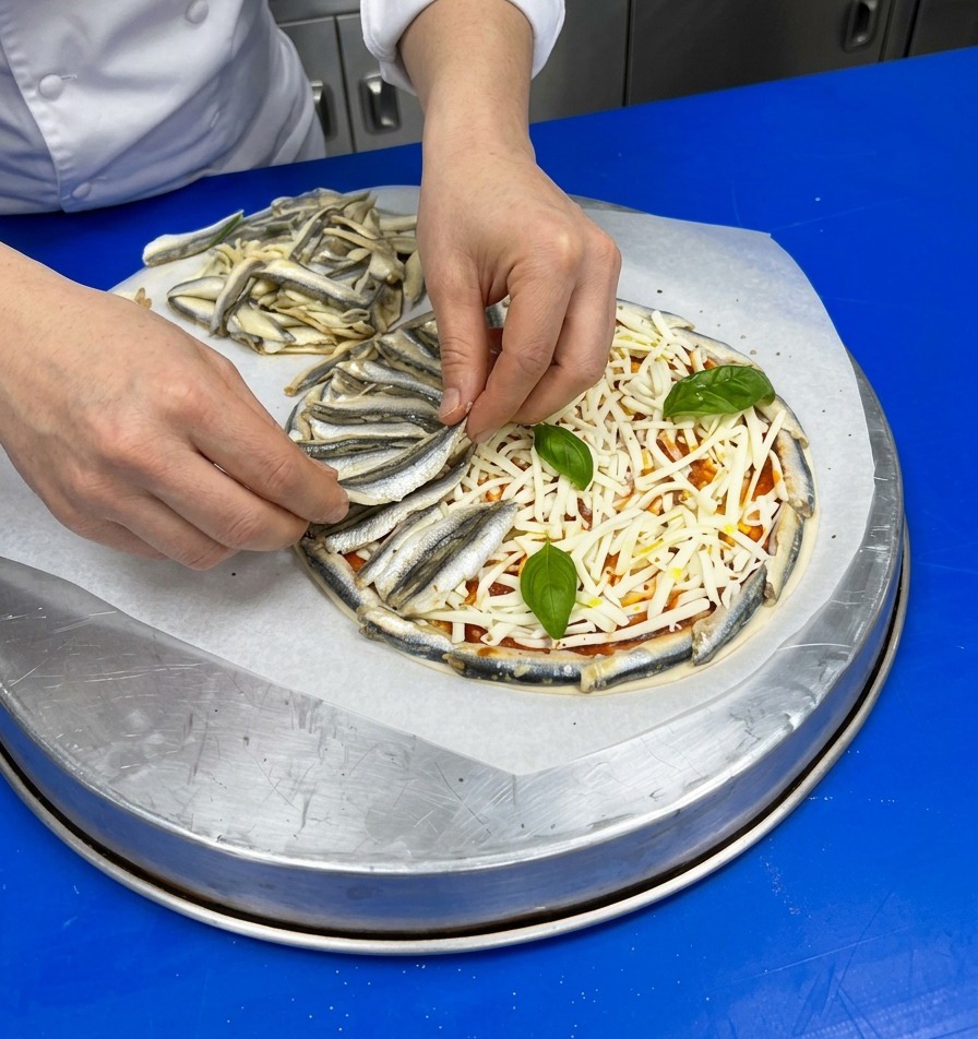 Ein Koch legt Sardellenfilets in einem dichten, konzentrischen Muster über den Käse der Pizza.