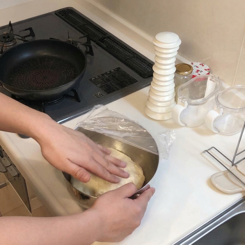 Hände drücken sanft auf eine aufgegangene, glatte Teigkugel in einer Schüssel.