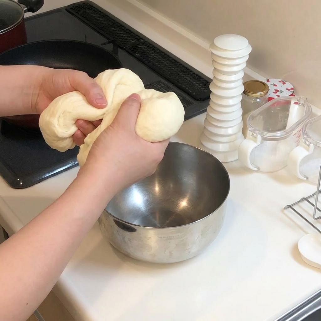 Hände teilen ein großes Stück Pizzateig in zwei gleich große Hälften.