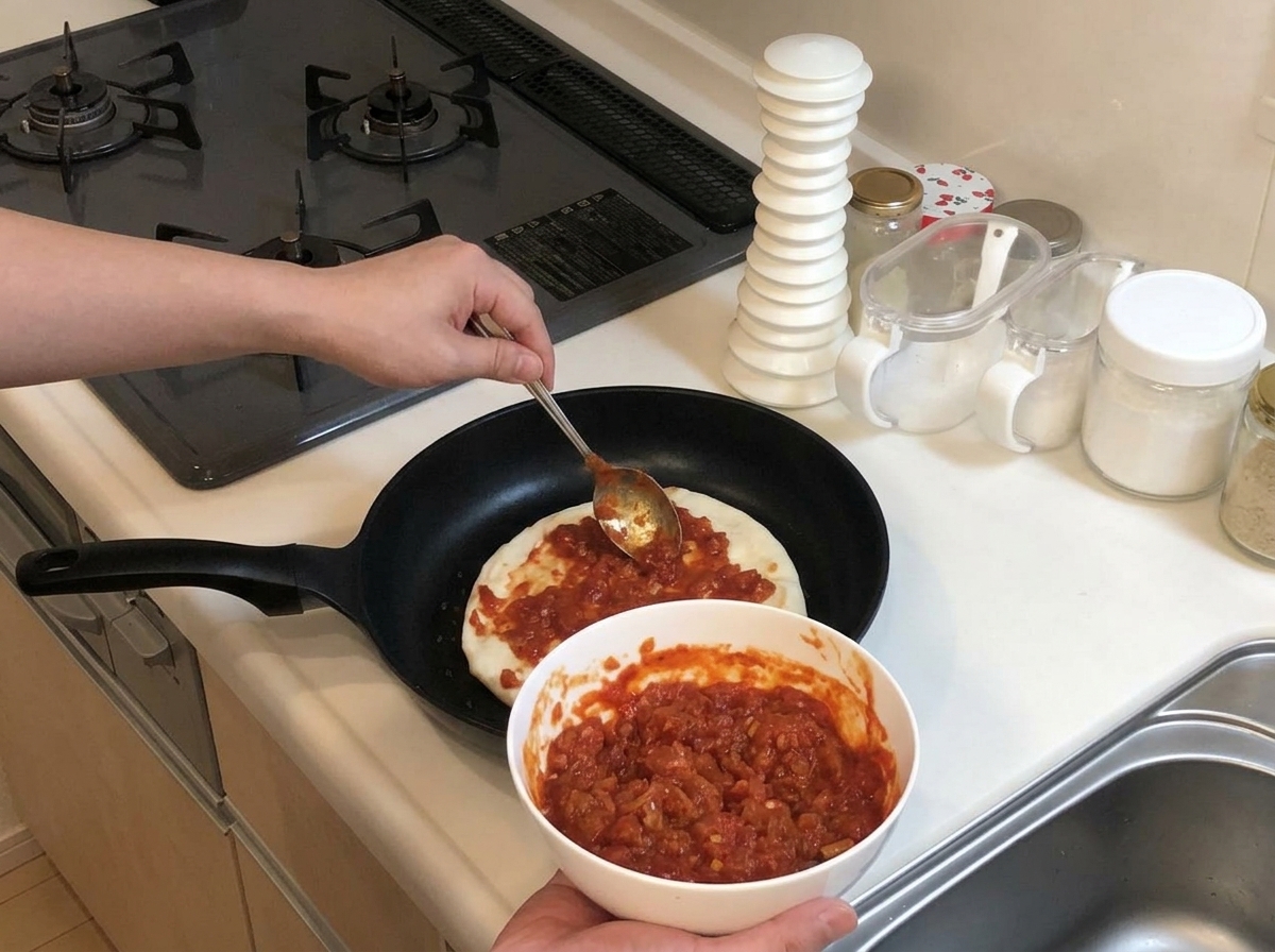 Mit der Rückseite eines Löffels wird rote Pizzasauce auf dem Teigboden verteilt.