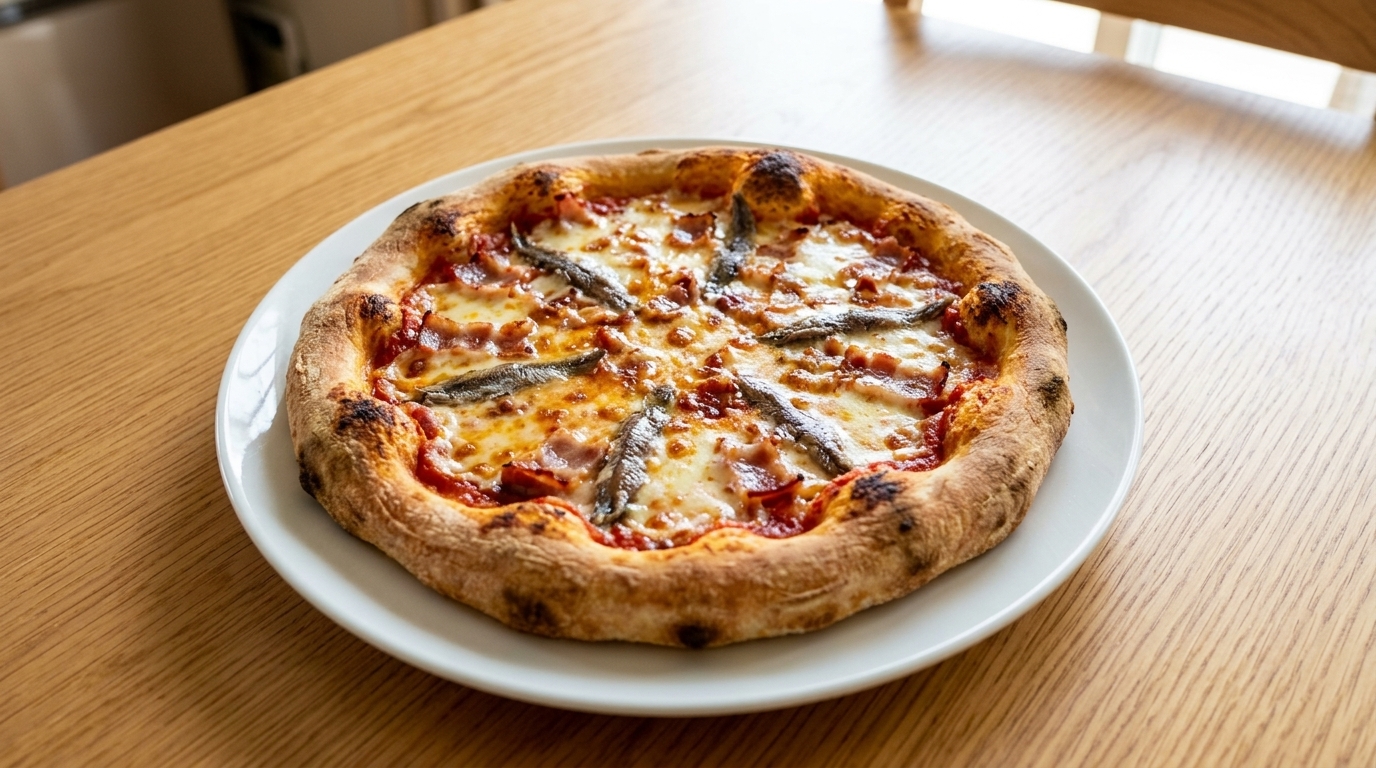 Knusprige hausgemachte Pfannenpizza mit Sardellen und Speck