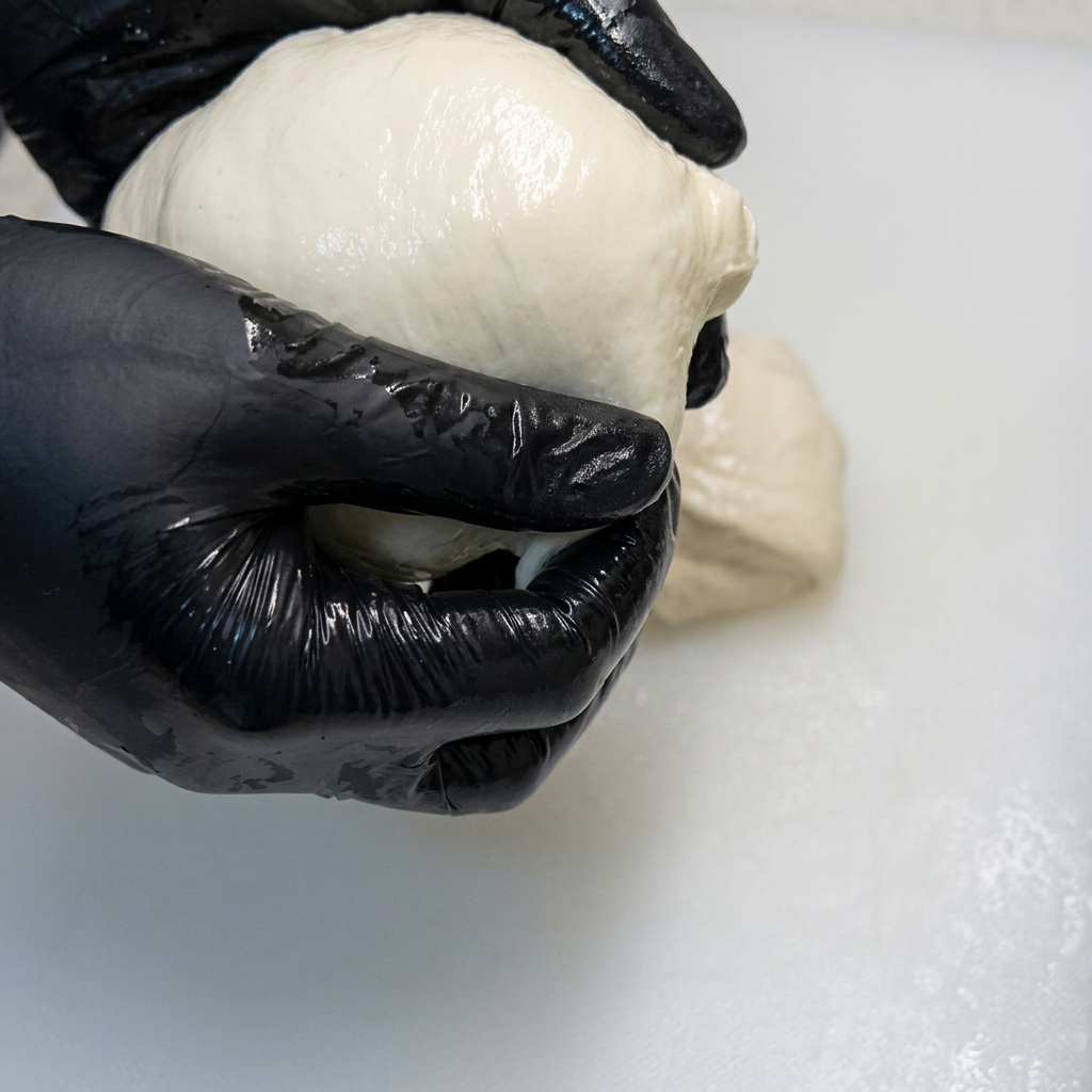 Hände in Handschuhen formen ein elastisches Stück Pizzateig zu einer straffen Kugel.