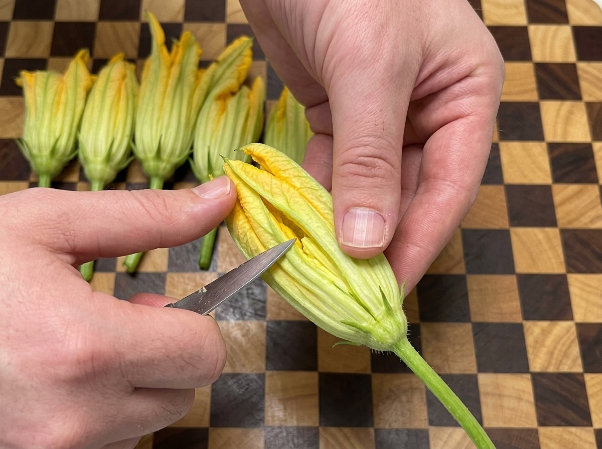 Hände halten eine gelbe Kürbisblüte und machen mit einem Messer einen Längsschnitt an der Seite.
