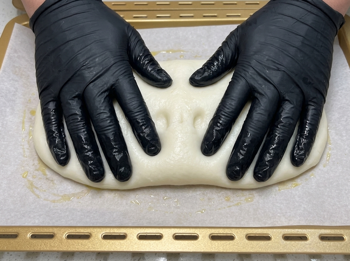 Hände in schwarzen Handschuhen drücken und dehnen den Pizzateig flach auf ein mit Backpapier ausgelegtes Blech.