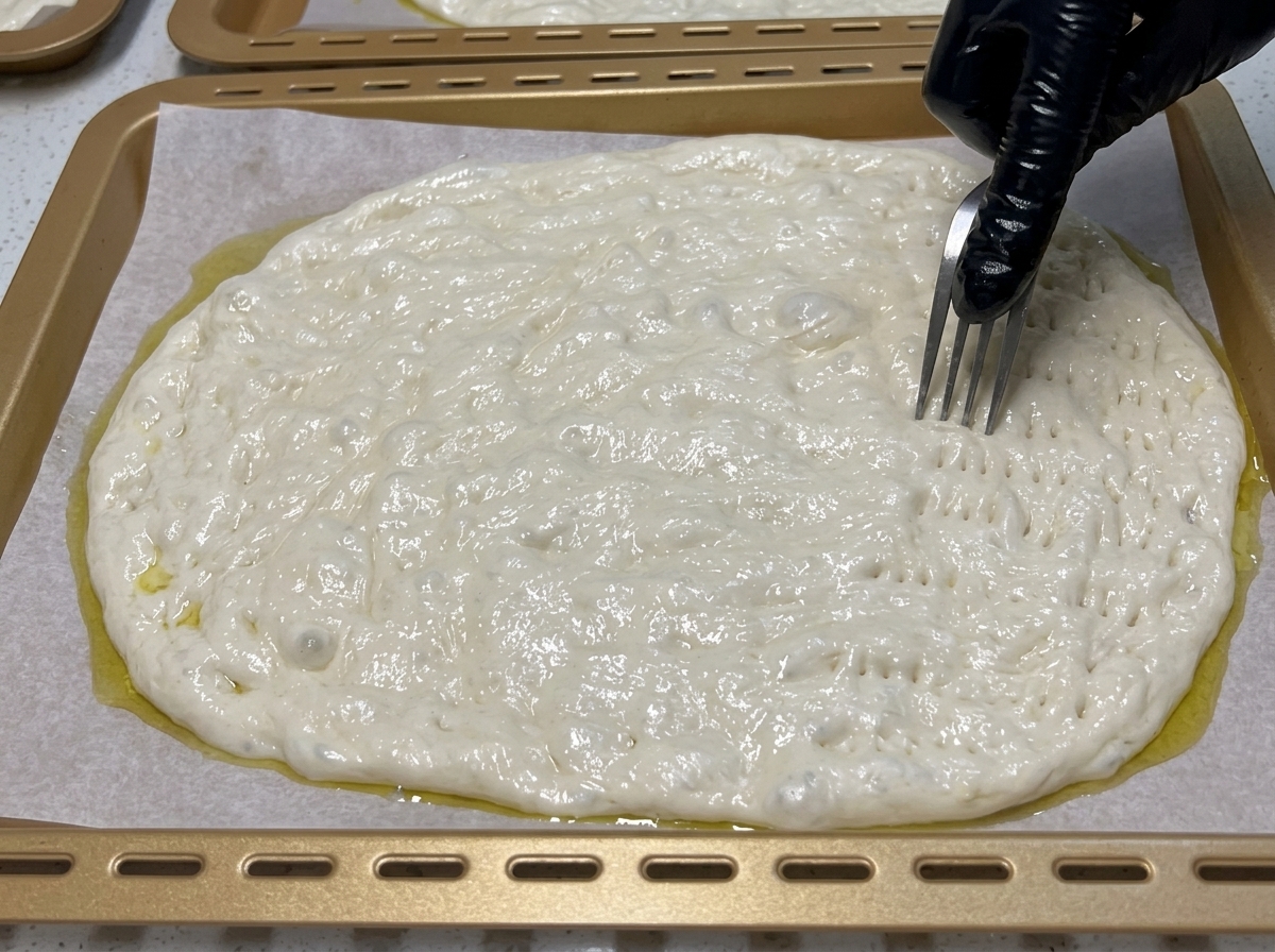 Eine Hand sticht mit einer silbernen Gabel kleine Löcher in die Oberfläche des flachgedrückten Pizzateigs.