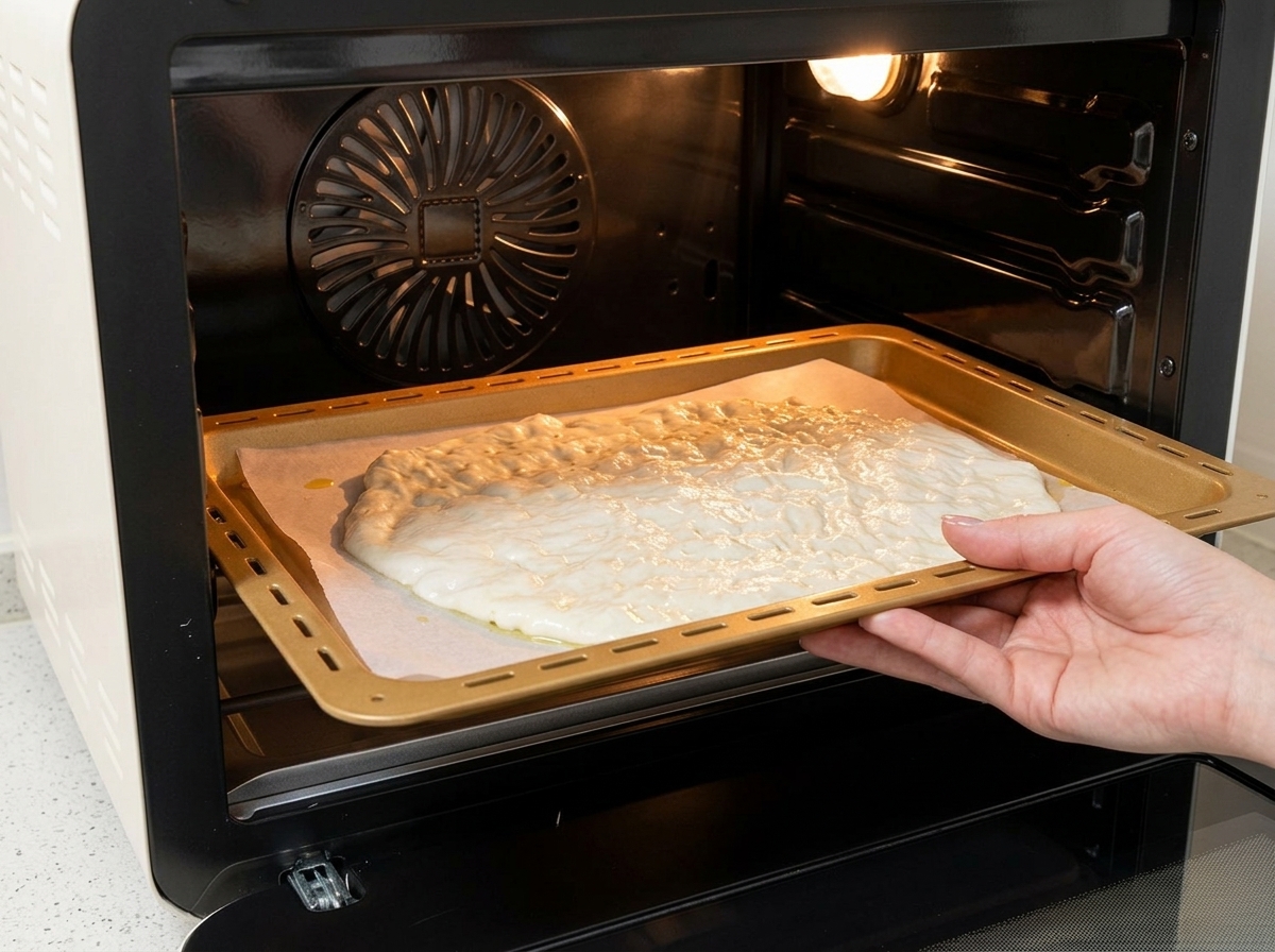 Eine Hand schiebt ein Backblech mit dem vorbereiteten Pizzateig in einen kleinen vorgeheizten Ofen.