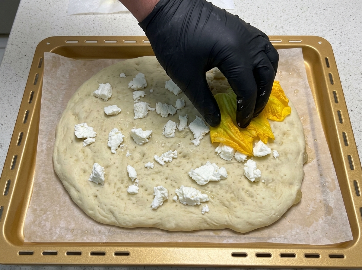 Eine Hand legt aufgeklappte gelbe Kürbisblüten gleichmäßig auf den mit Mozzarella belegten Pizzaboden.