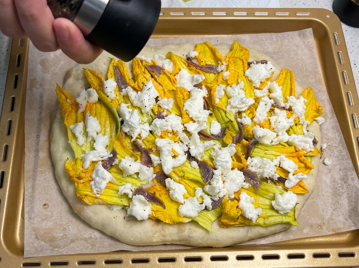 Eine Hand nutzt eine Pfeffermühle über einer fertig belegten Pizza mit Blüten, Sardellen und Mozzarella.