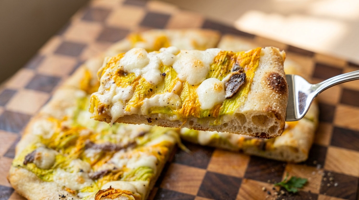 Hausgemachte Pizza mit Kürbisblüten und Sardellen