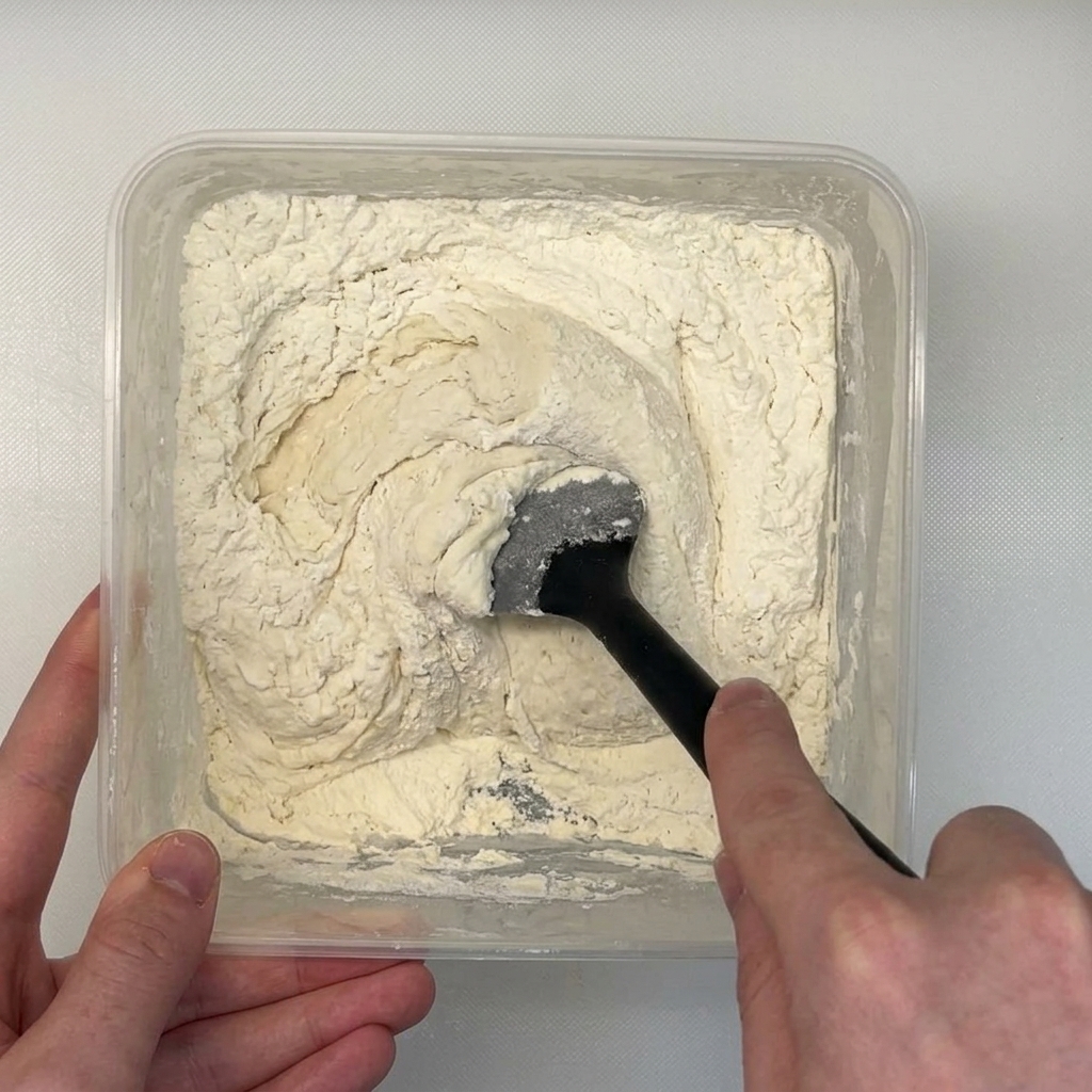 Ein Spatel hebt trockenes Mehl unter einen blasigen, fermentierten Vorteig in einer Kunststoffbox.