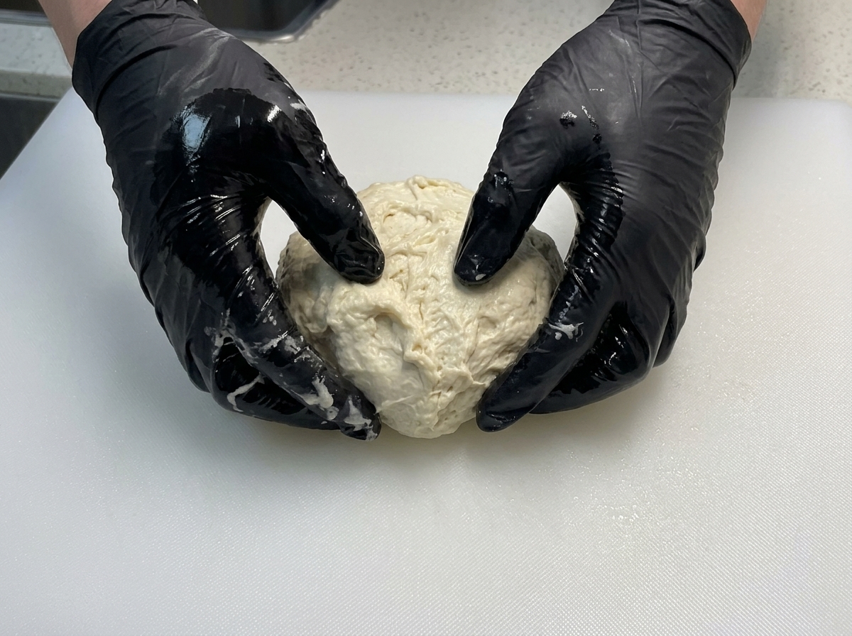 Zwei Hände in schwarzen Handschuhen formen eine glänzende, klebrige Teigkugel auf einem weißen Brett.