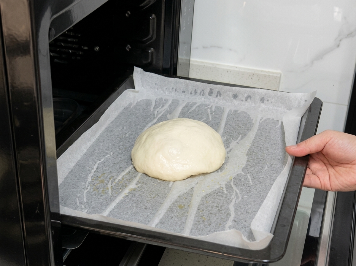Eine Hand schiebt ein Backblech mit einer runden Teigkugel in einen kalten, geschlossenen Ofen.
