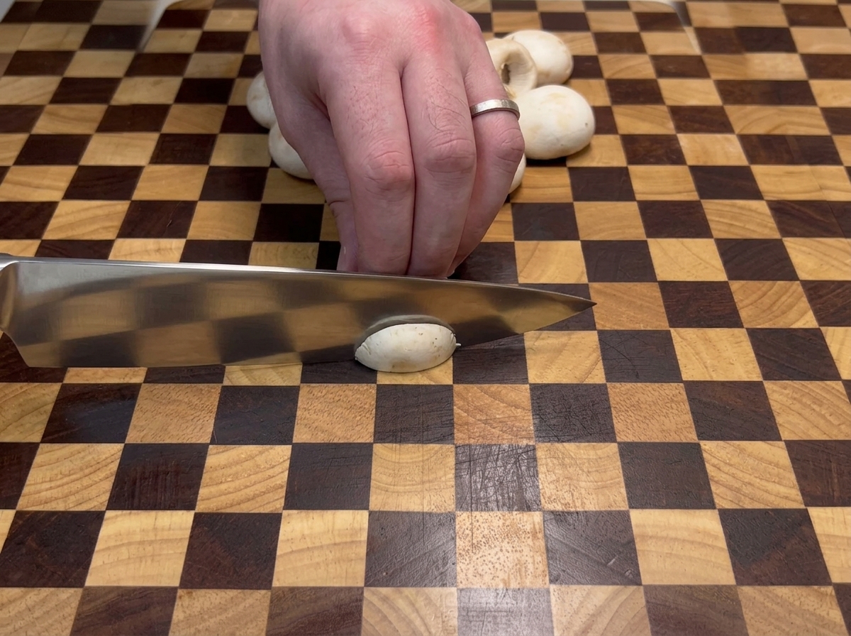 Eine Hand schneidet weiße Champignons mit einem Kochmesser auf einem Holzbrett in Scheiben.