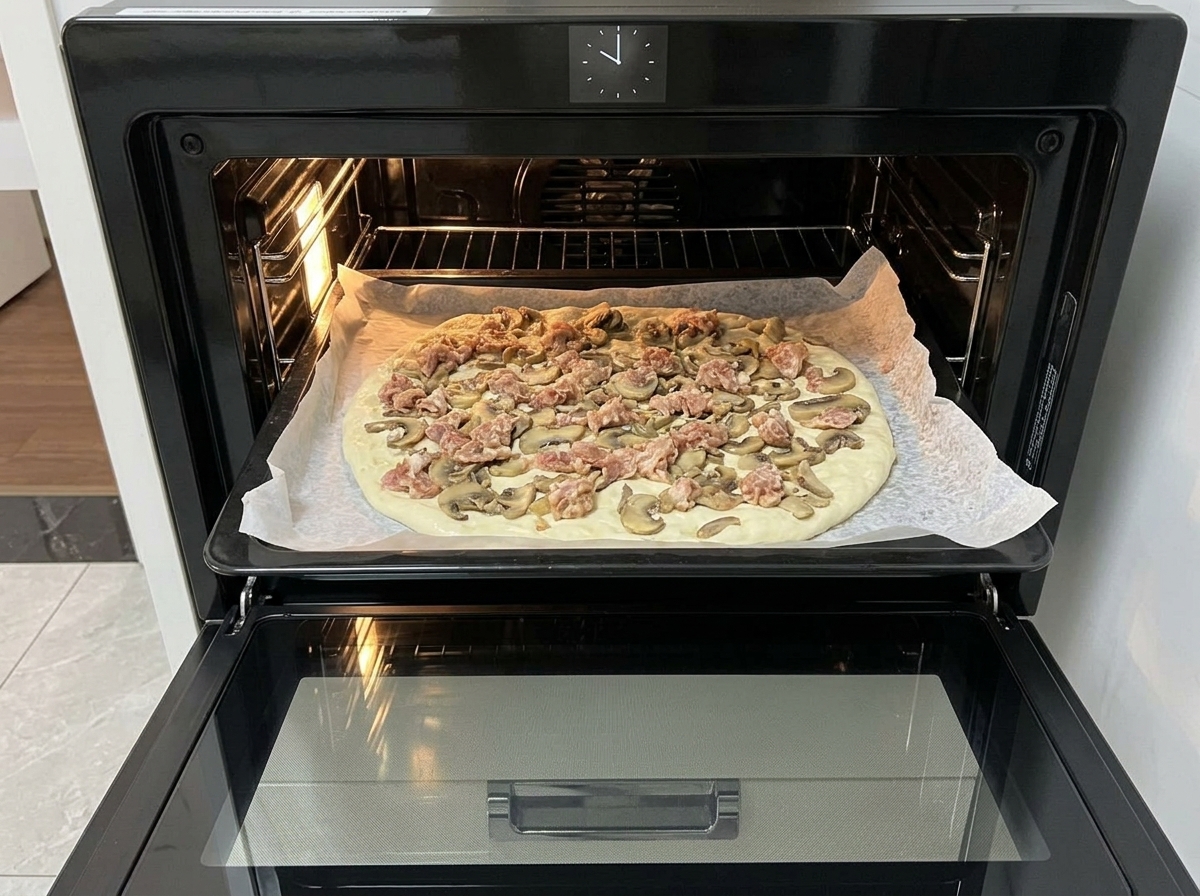 Ein Backblech mit der belegten Pizza wird in einen vorgeheizten Backofen geschoben.