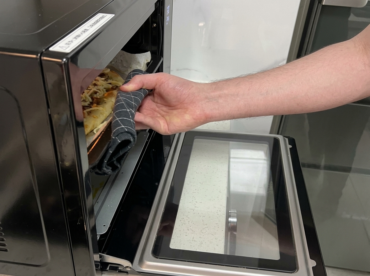 Eine Hand schiebt die mit Käse belegte Pizza auf der obersten Schiene zurück in den Ofen.
