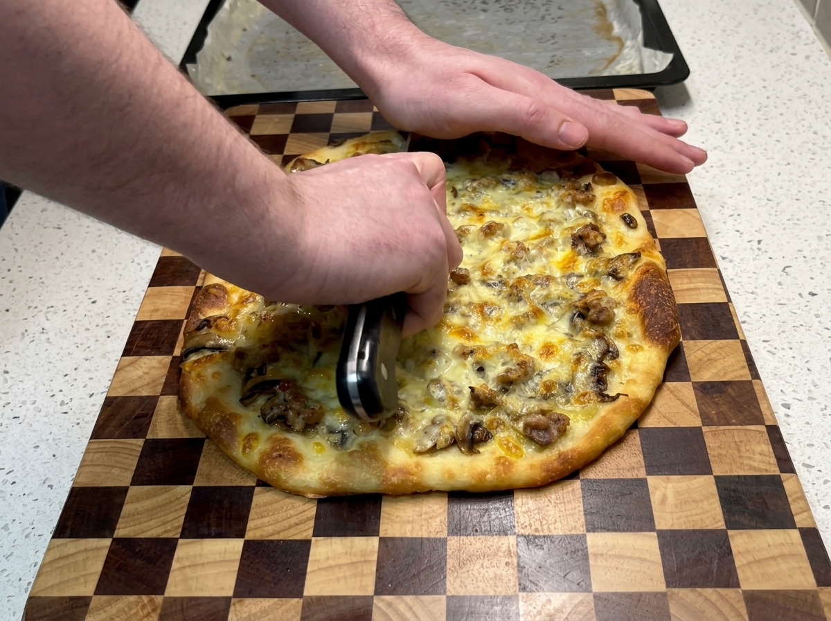 Zwei Hände drücken ein großes Wiegemesser auf eine frisch gebackene Pizza, um sie in Stücke zu teilen.