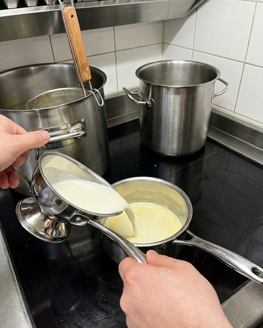 Warme Milch wird langsam in den Topf mit der Mehlschwitze gegossen.
