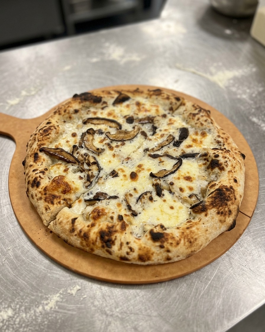 Eine fertig gebackene Pizza mit knusprigem Rand wird auf einem Holzbrett geschnitten.
