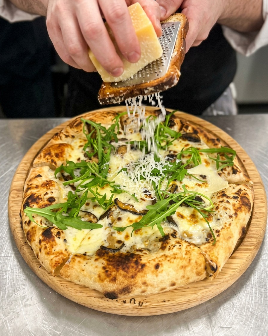 Frischer Parmesan wird fein über die Pizza mit Rucola gerieben.
