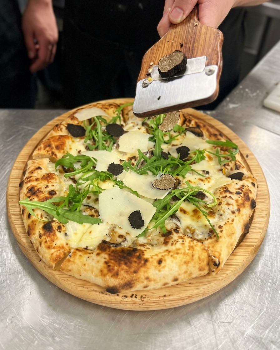 Ein Trüffelhobel verteilt dünne Scheiben schwarzen Trüffels auf der Pizza.
