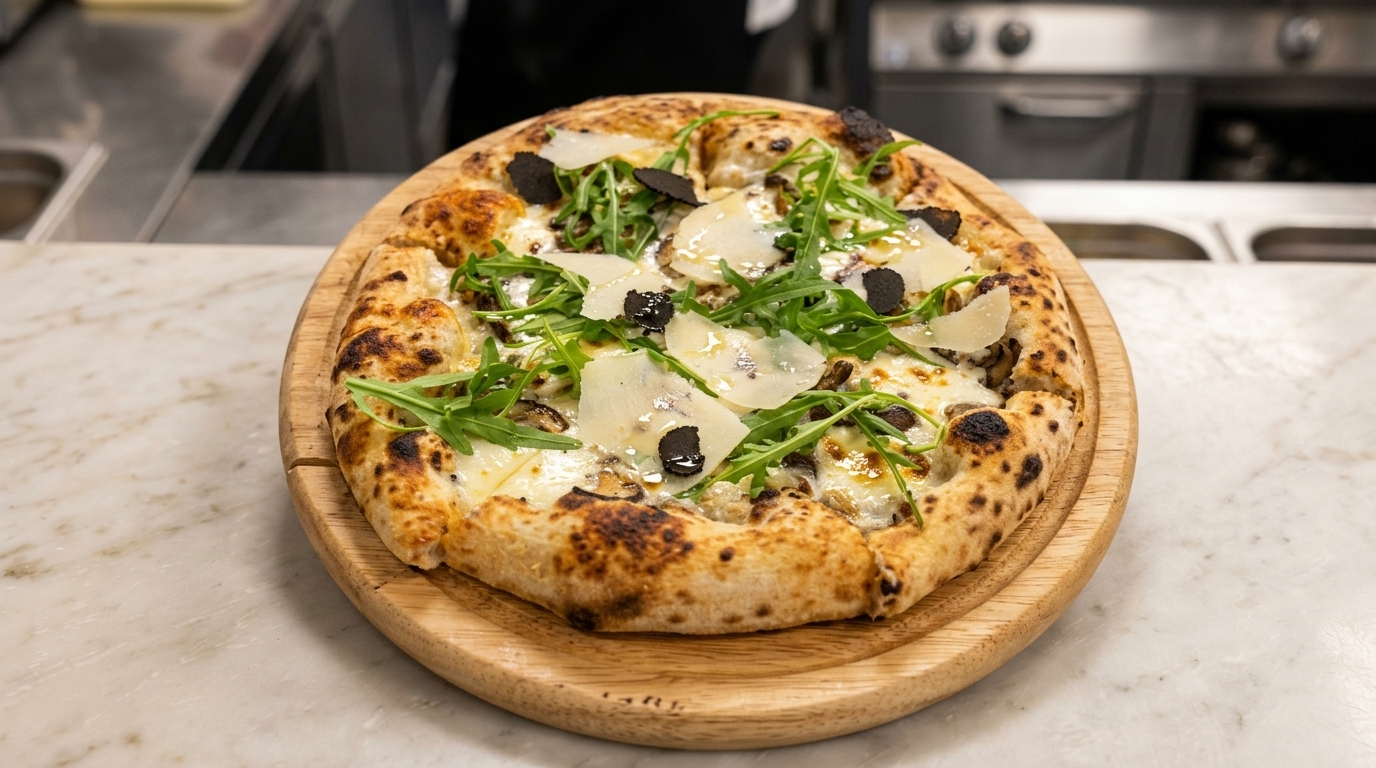 Pilz-Trüffel-Pizza mit cremiger weißer Sauce