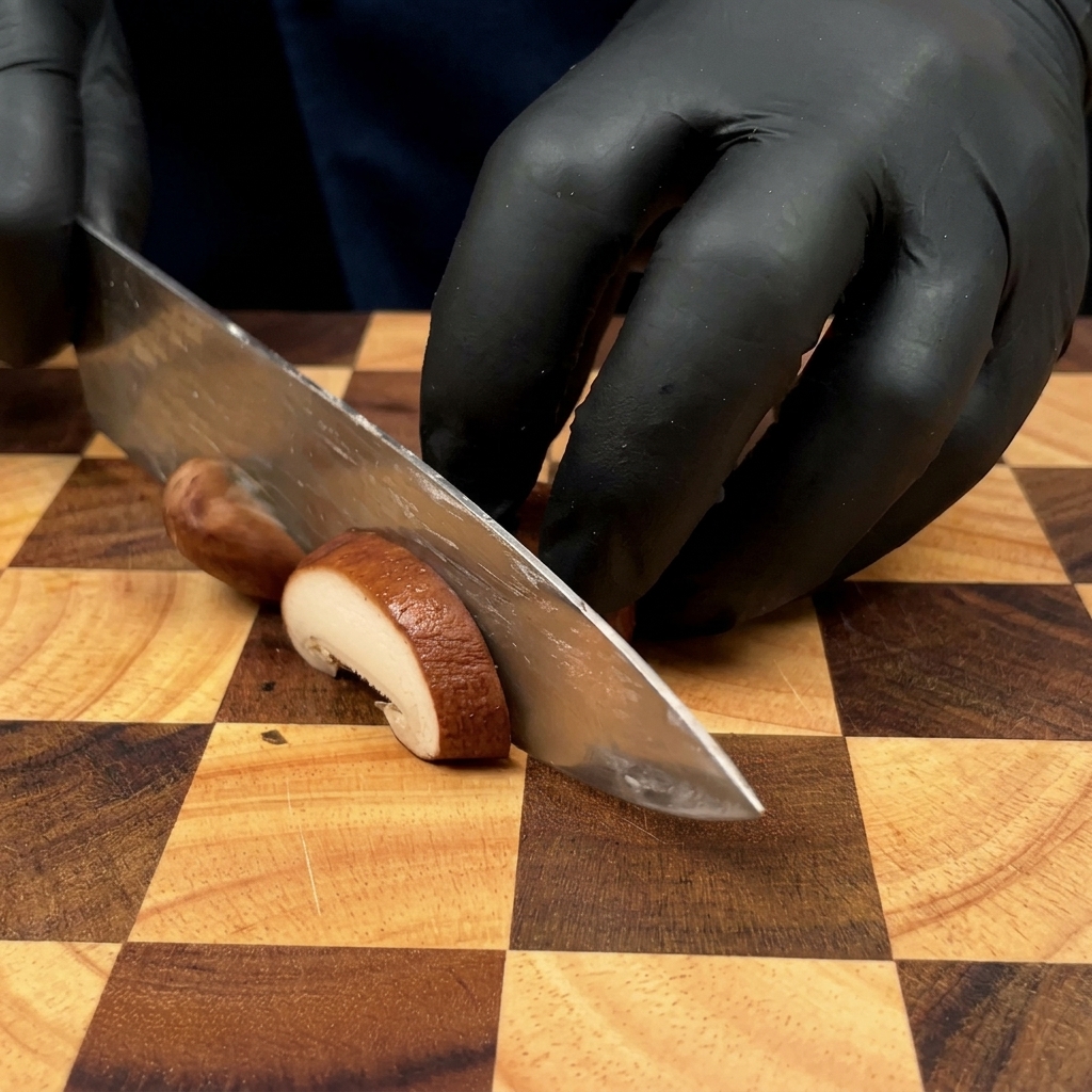Hände in Handschuhen schneiden einen frischen braunen Champignon auf einem Holzbrett mit einem großen Kochmesser.