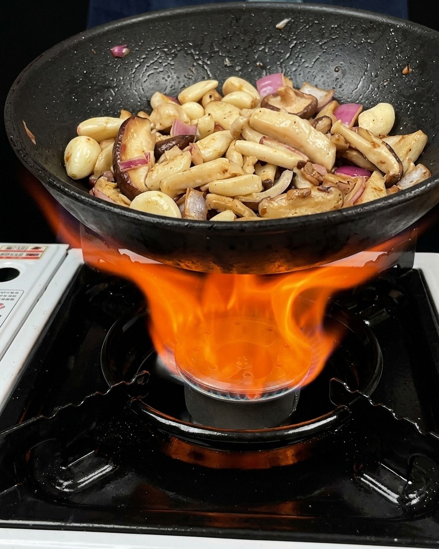 Eine Pfanne mit Pilzen wird über einer hohen Gasflamme geschwenkt.