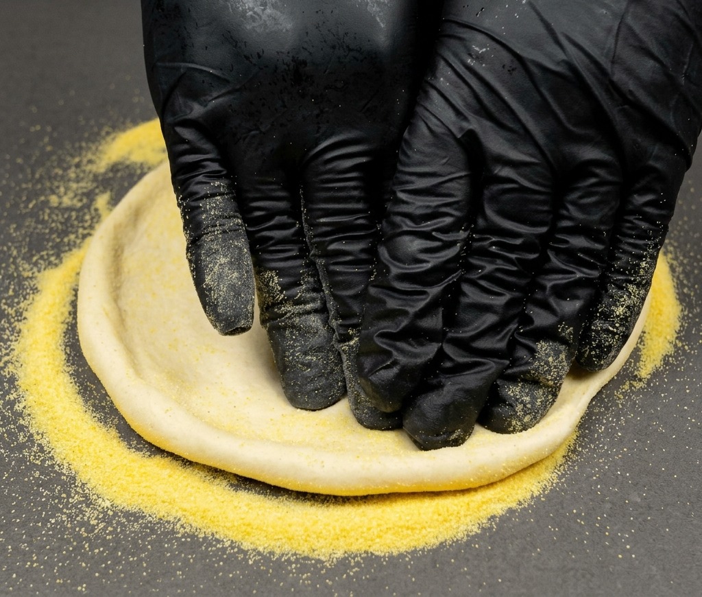 Hände in schwarzen Handschuhen drücken einen Pizzateig auf einer mit Maismehl bestreuten Fläche flach.