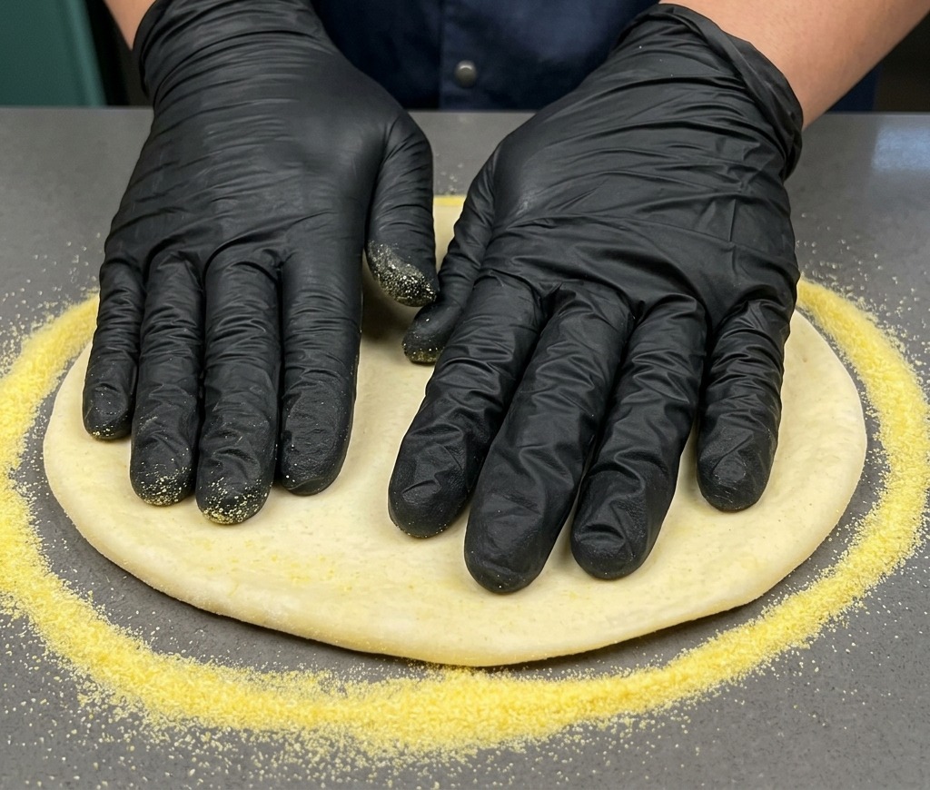 Hände dehnen einen kreisförmigen Pizzateig auf einer Arbeitsplatte.