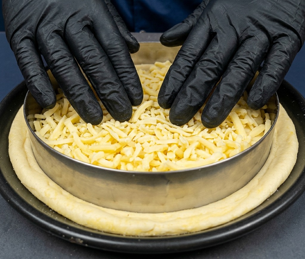 Hände verteilen eine dicke Schicht geriebenen Mozzarella auf dem Pizzateig.