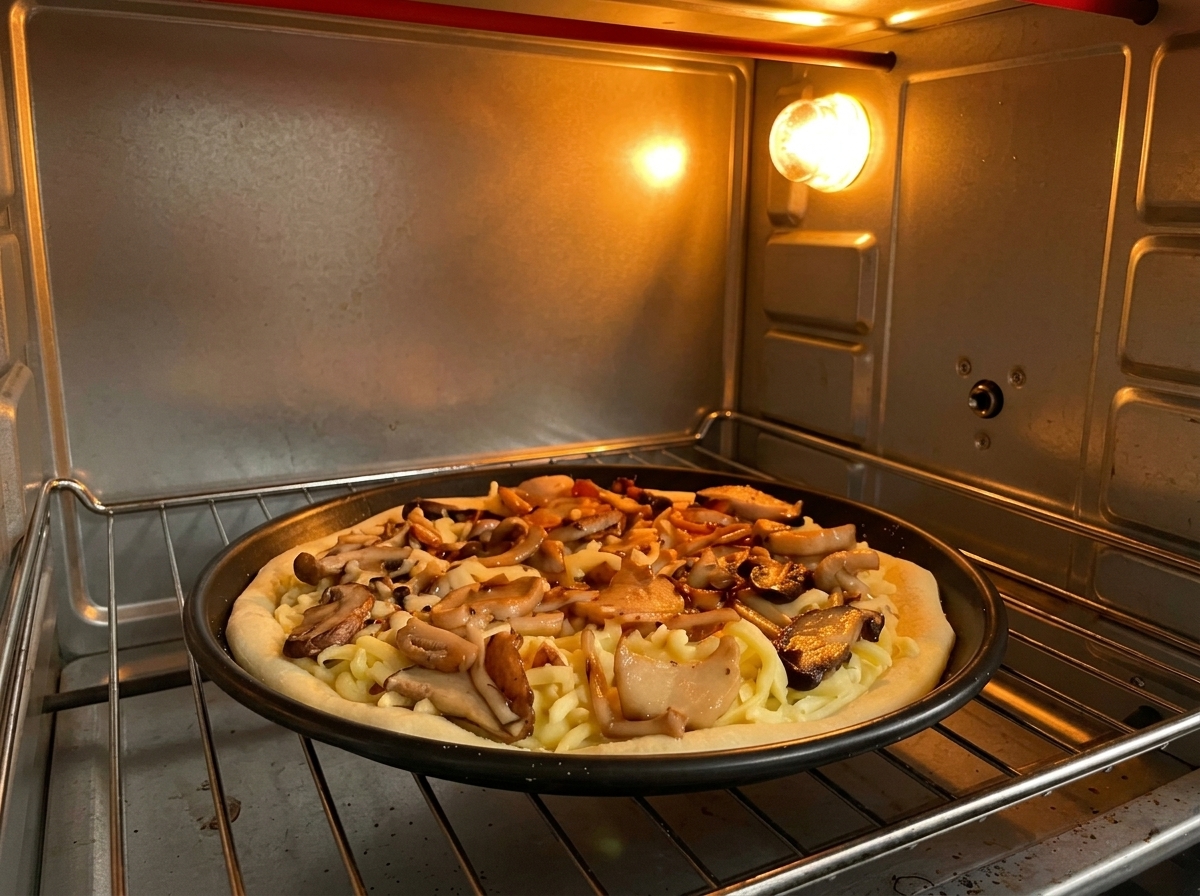Eine fertige Pilzpizza liegt auf einem Backblech in einem leuchtenden Ofen.