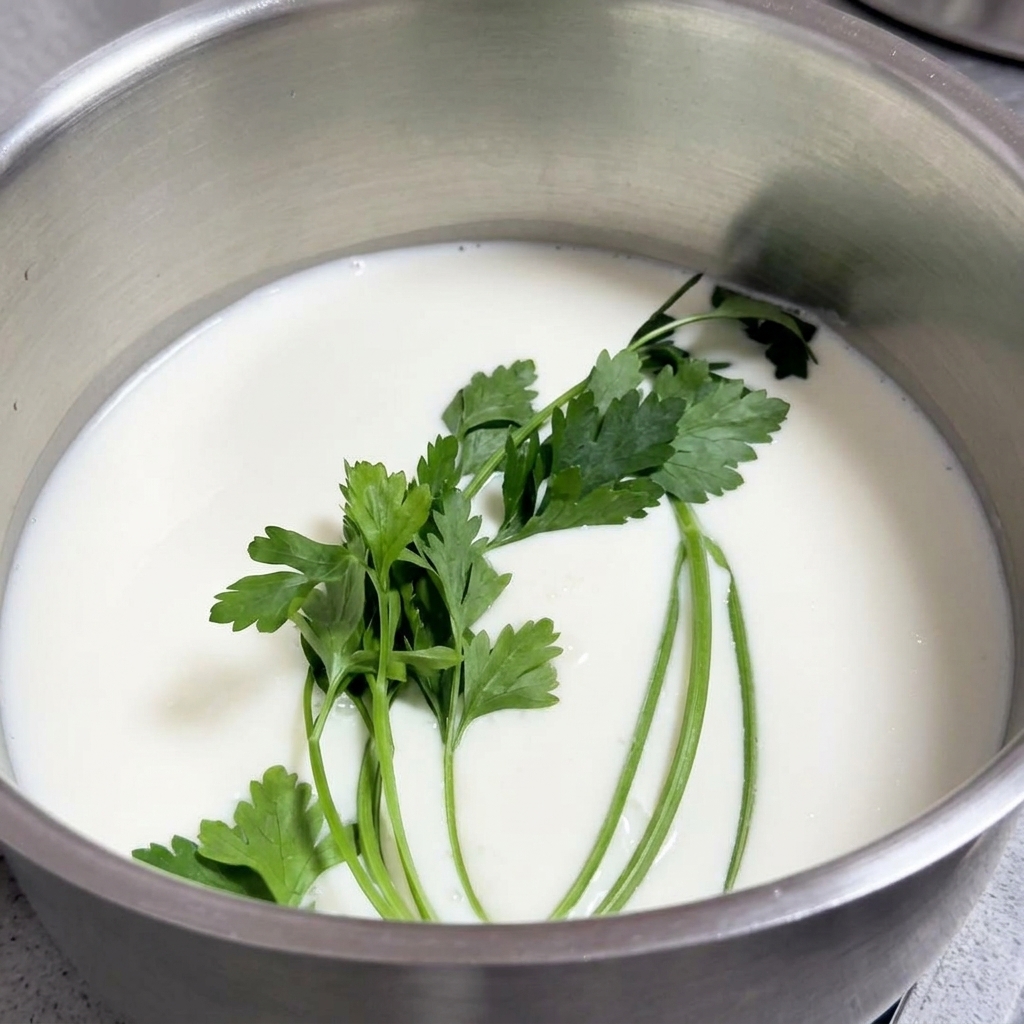 Ein Topf mit weißer Milch, frischer Petersilie und weiteren Aromaten.