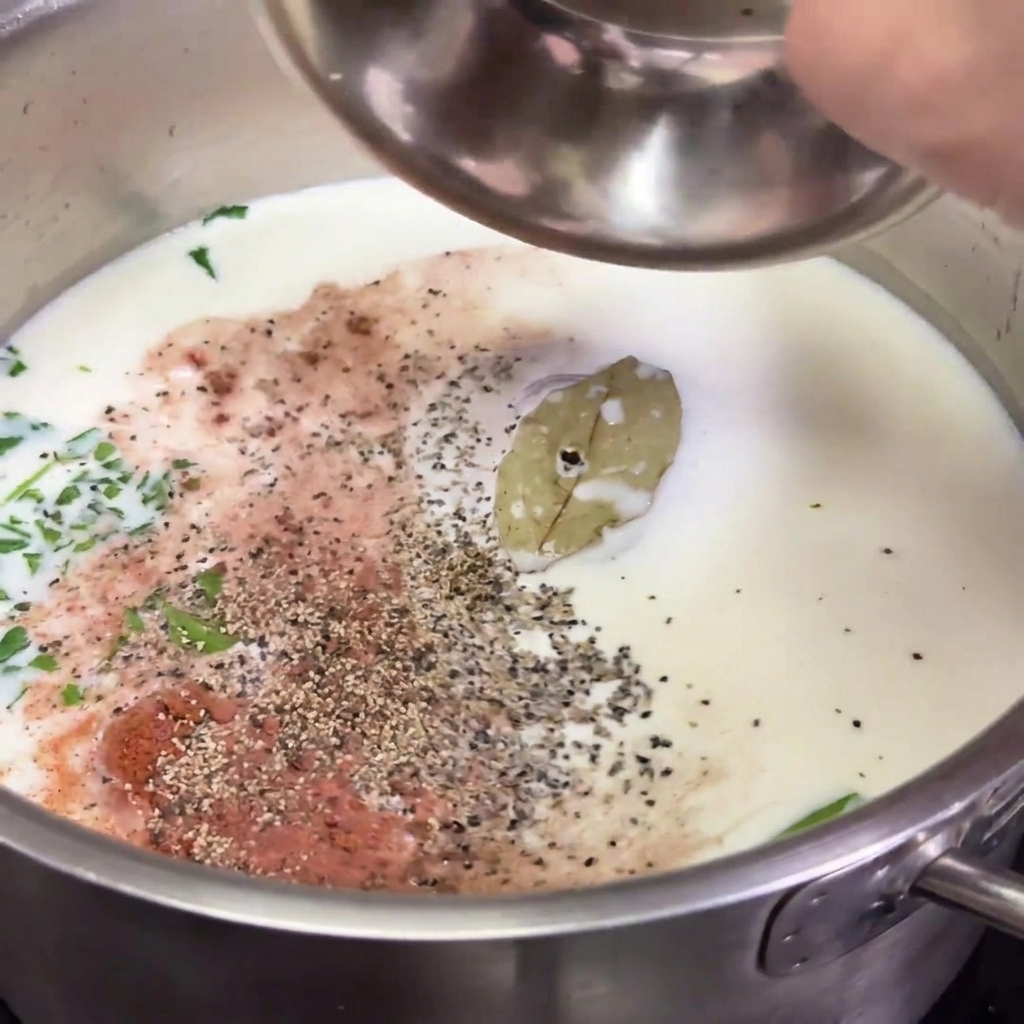 Salz, Pfeffer und Muskatnuss werden aus einer kleinen Metallschale in die aromatisierte Milch gegeben.