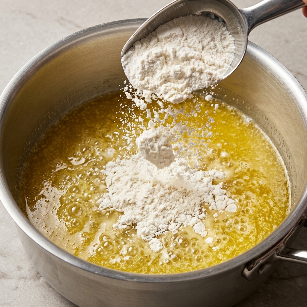 Weißes Mehl wird mit einem Metalllöffel in die sprudelnde, geschmolzene Butter gegeben.