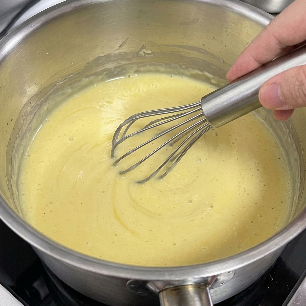 Ein Schneebesen rührt eine glatte, hellgelbe Mischung aus Butter und Mehl im Topf an.