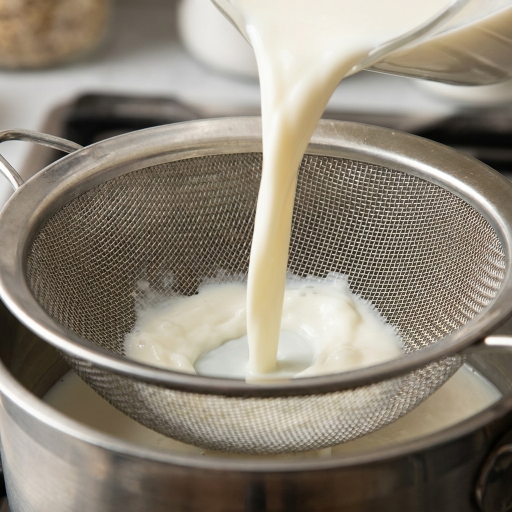 Heiße Milch wird durch ein feinmaschiges Metallsieb in den Topf mit der Mehlschwitze gegossen.