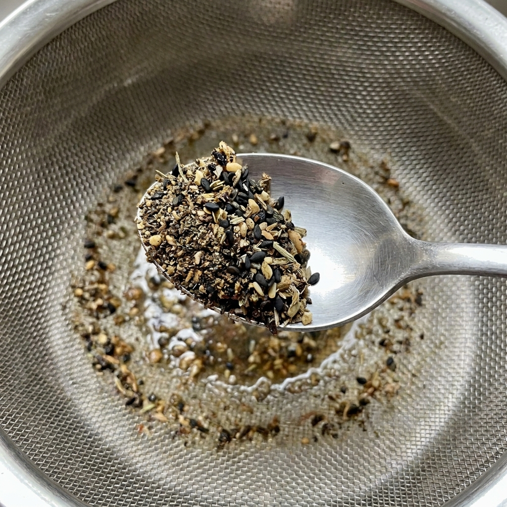 Ein Metalllöffel gibt einen Teil der abgesiebten Gewürze zurück in die weiße Sauce.