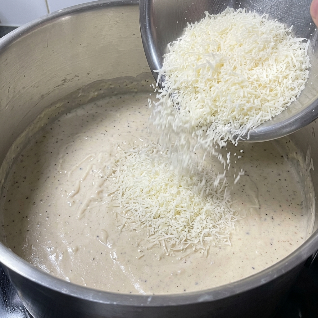 Fein geriebener Parmesan wird aus einer Metallschale in die cremige weiße Sauce gegeben.