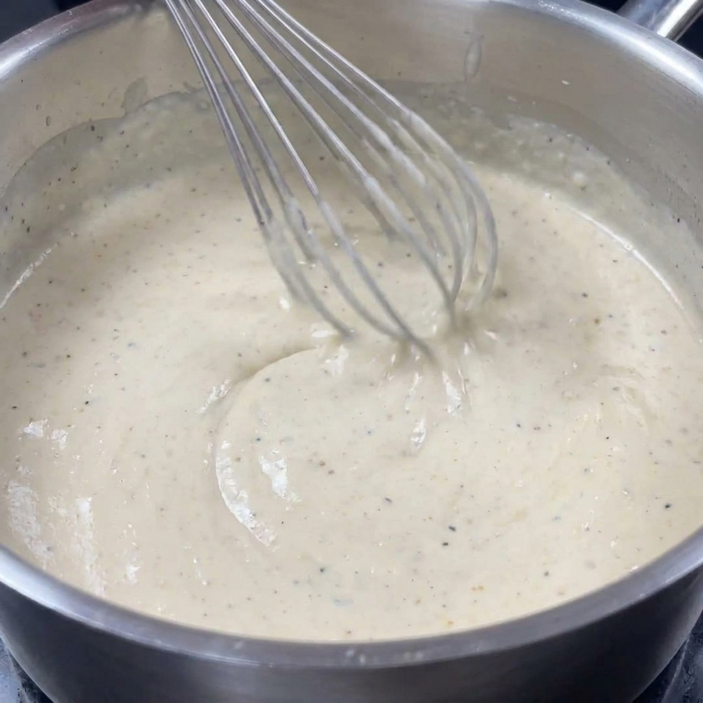 Ein Schneebesen rührt Schlagsahne in die dicke Trüffel-Béchamel ein.