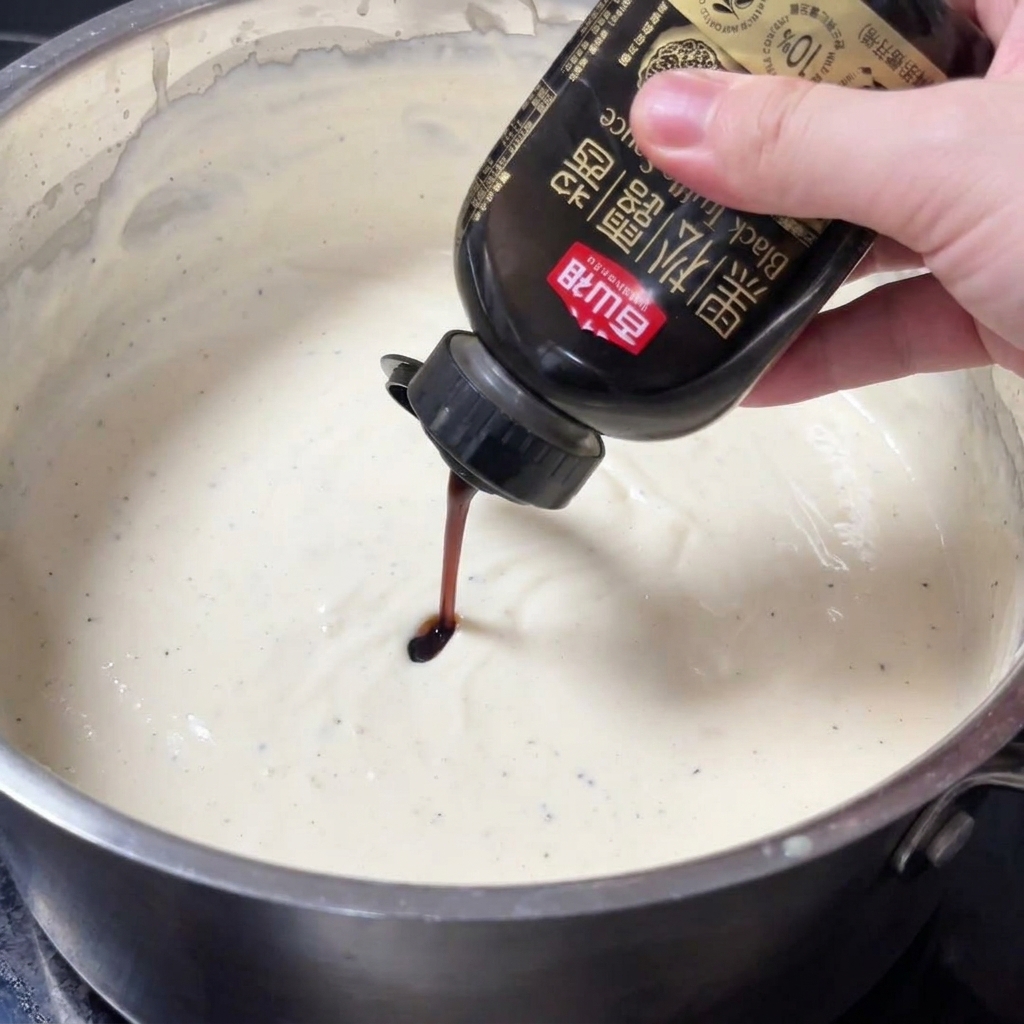 Eine Hand drückt schwarze Trüffelsauce aus einer Flasche in den Topf mit weißer Sauce.