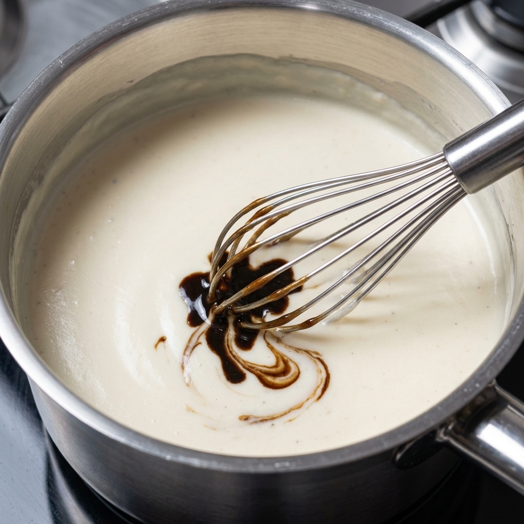 Ein Schneebesen mischt die dunkle Trüffelpaste gleichmäßig in die weiße Sauce ein.
