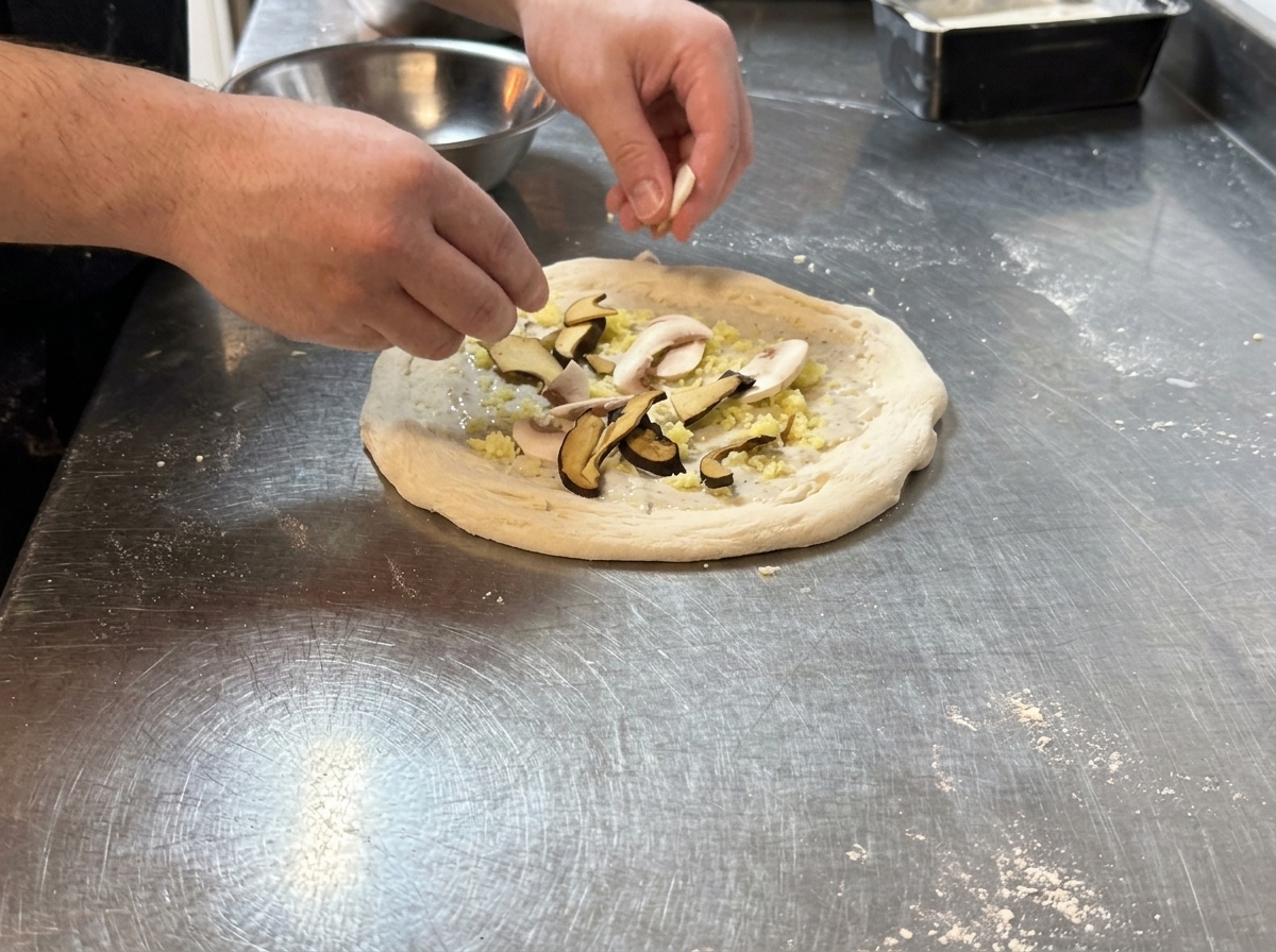 Hände verteilen frische Pilzscheiben auf dem Pizzateig mit weißer Sauce.