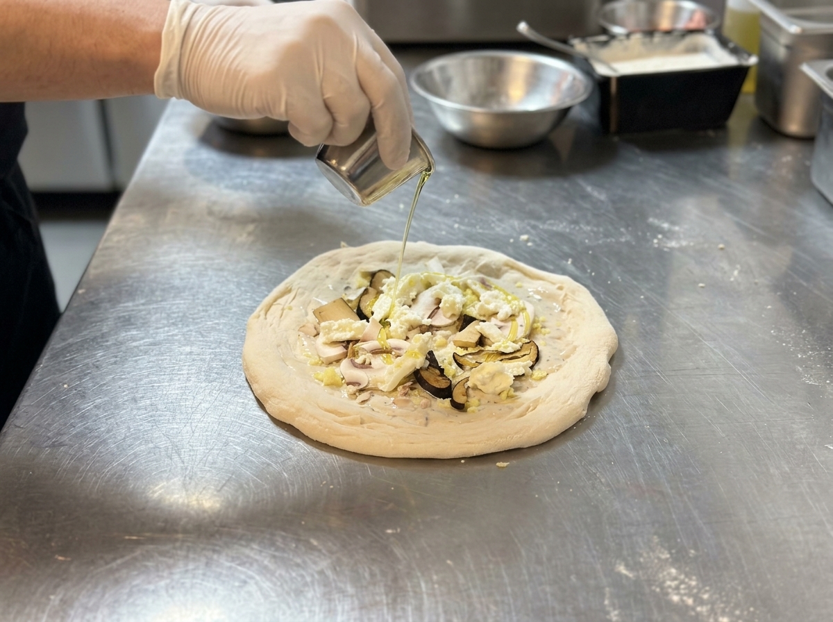 Olivenöl wird über die unbebackene Pizza auf einem Edelstahltisch geträufelt.