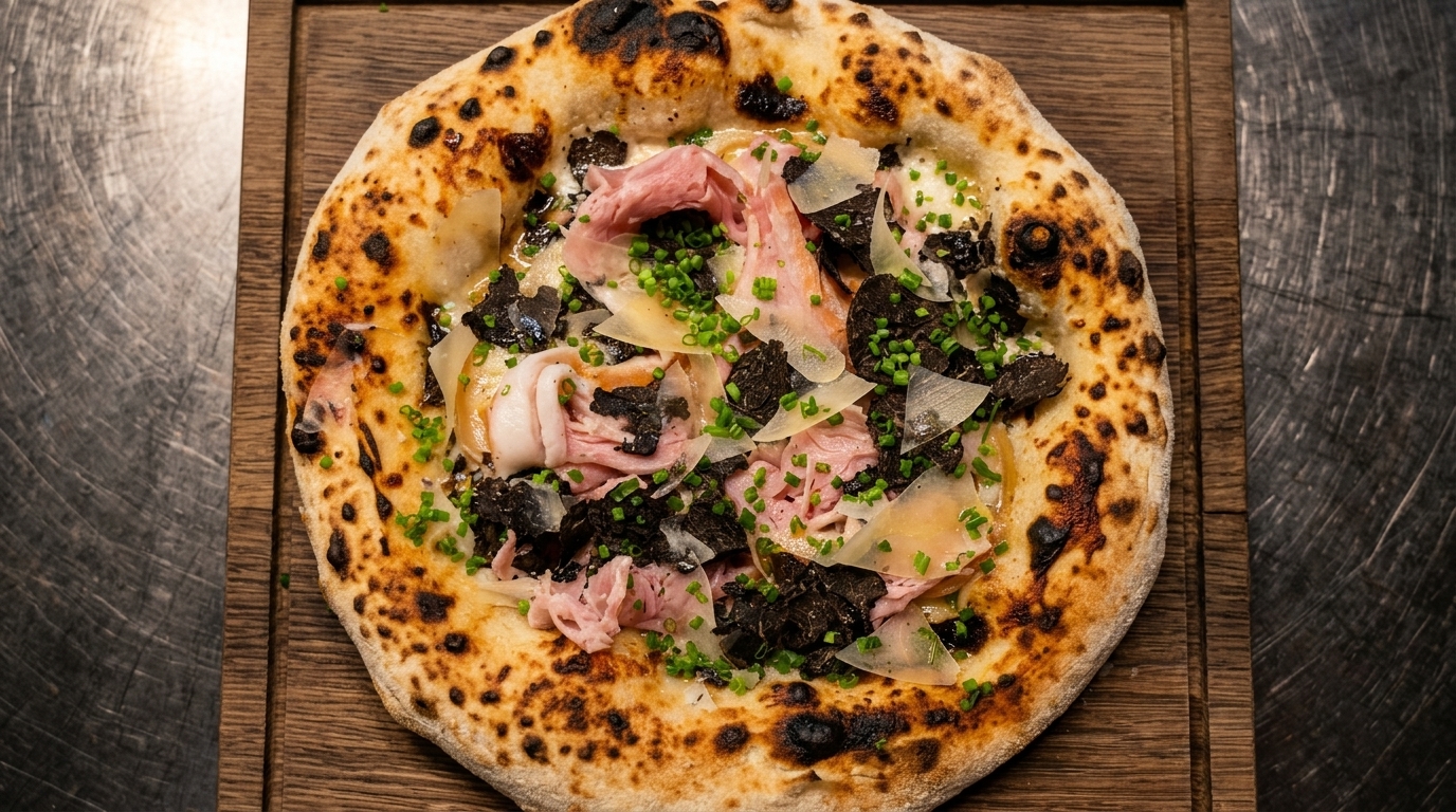 Edle Trüffel-Pizza mit Béchamel-Sauce und Prosciutto