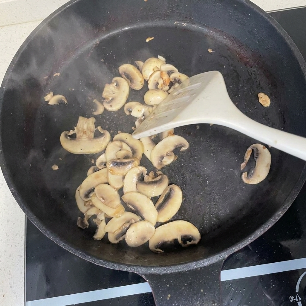 In Scheiben geschnittene Champignons werden in einer Pfanne mit einem weißen Pfannenwender gebraten.