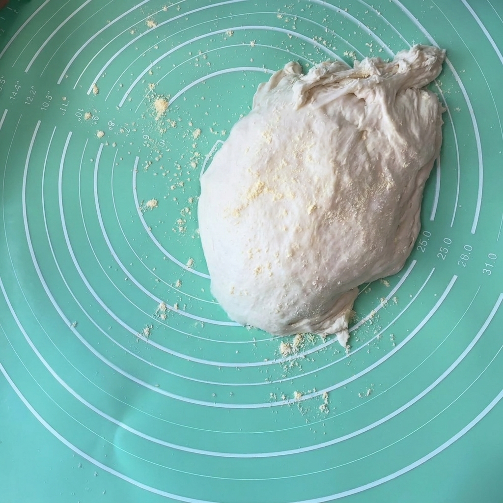 Ein aufgegangener Pizzateigballen ruht auf einer grünen Silikonmatte, die mit Maismehl bestreut ist.